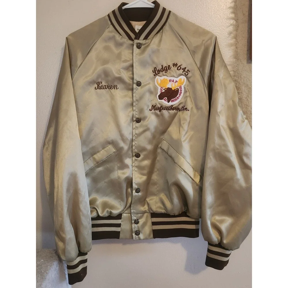 Vintage Satin Bomber Jacket Gold Lodge #645 King Louie Size Medium 40/42‎